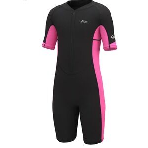 Hevto Kids Wetsuit Shorty Girls Toddler Pink Black Neoprene Front Zip Swimsuit
